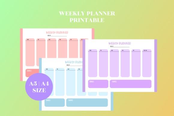 Cute planner template designs showing weekly planner printables in pink, blue, and violet with A4 and A5 sizes
