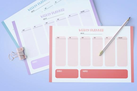 Cute planner template designs showing weekly planner pages in pink, blue, and violet with sections for goals and notes