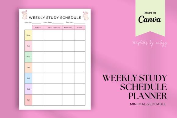 study planner template showing weekly schedule with days, subjects, topics, materials, and notes sections in a minimalist