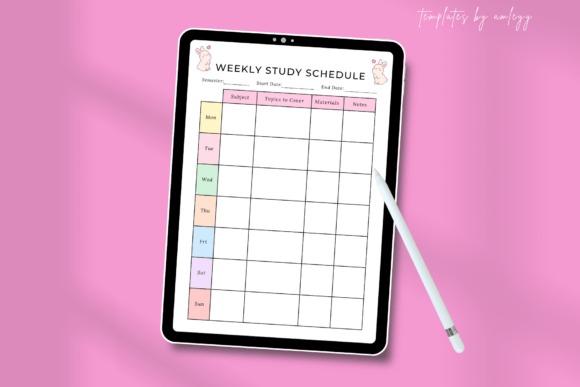 Cute weekly study planner template with days, subjects, topics, materials, and notes sections on a tablet