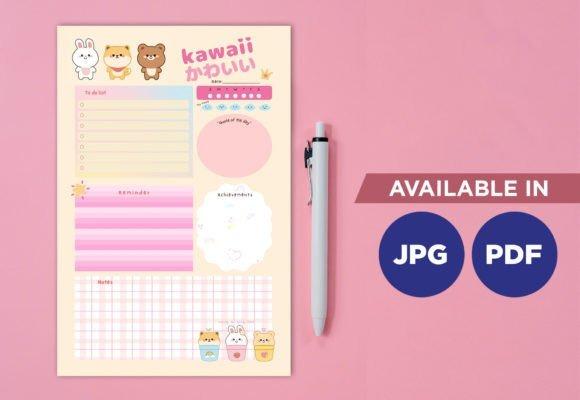 Cute daily planner template with kawaii animal illustrations and sections for to-do list, reminders, and notes
