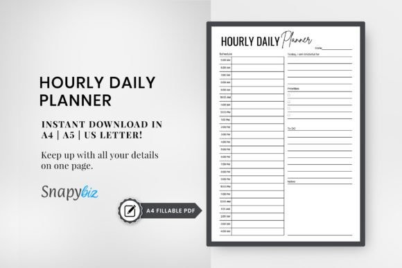 daily planner template showing hourly schedule and task list in A4, A5, and US Letter sizes
