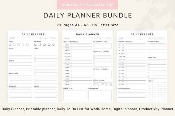 Minimal planner template showing daily planner pages with schedule, goals, notes, and to-do list in A4, A5, and US Letter