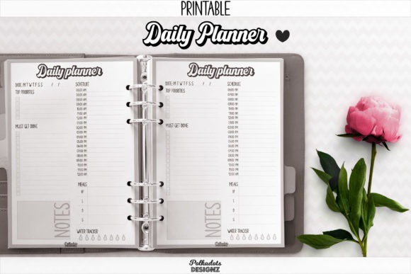 Daily planner template printable with sections for top priorities, schedule, meals, hydration, and notes in a binder