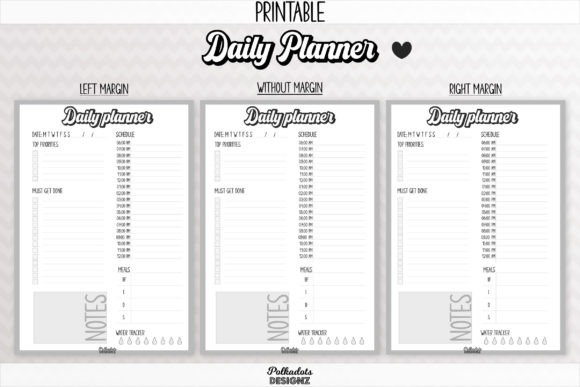 Daily planner template printable with left margin, without margin, and right margin layouts including schedule, priorities