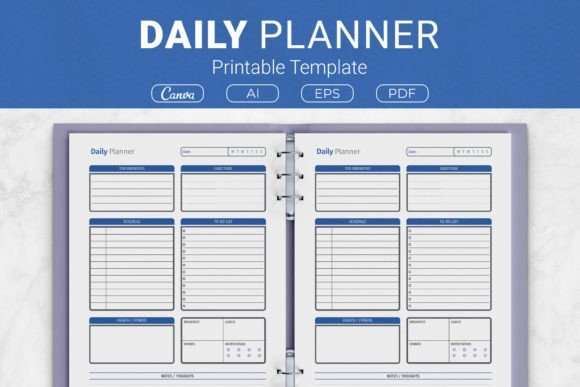 Daily planner template showing sections for tasks, priorities, schedule, meals, health, and notes in a printable format