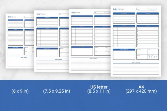 Daily planner template options in various sizes including 6x9, 7.5x9.25, US letter, and A4 with sections for tasks and