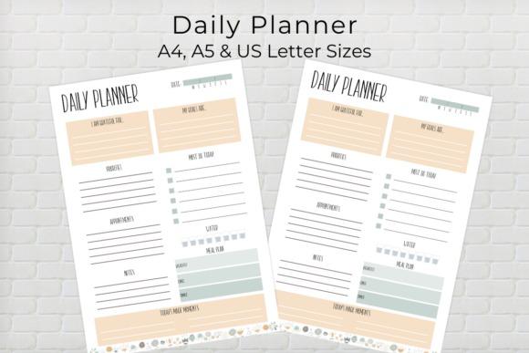 Daily planner template with sections for priorities, appointments, notes, goals, water tracking, and meal planning in soft