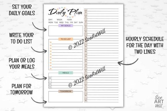 daily planner template with sections for daily goals, to-do list, meals, tomorrow's plan, and hourly schedule from 5 a.m. to