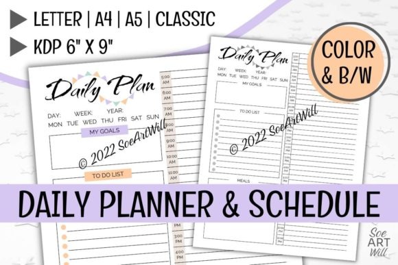 Day planner templates showing daily plan pages with hourly schedule from 5 AM to 11 PM in color and black-and-white versions