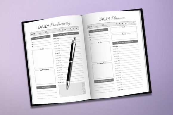Open daily planner template showing sections for top priorities, plans and schedules, motivation, and notes with a pen on