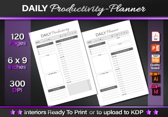 Daily planner template showing two 6x9 inch pages with sections for schedule, to do, notes, and daily motivation