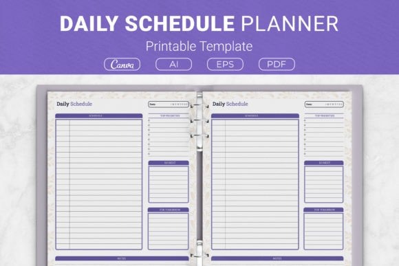 Daily planner template showing a daily schedule with sections for top priorities, do next, for tomorrow, and notes