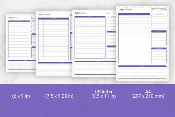 daily planner template showing four size options including 6x9, 7.5x9.25, US letter, and A4 with sections for schedule and