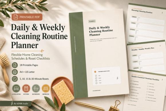 Weekly planner template for daily and weekly cleaning routines with checklists and flexible schedules in sage green and ivory