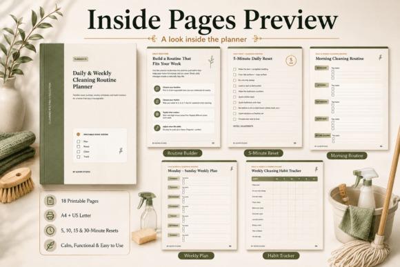 Weekly planner template showing daily and weekly cleaning routine pages with checklists and habit tracker in sage green and
