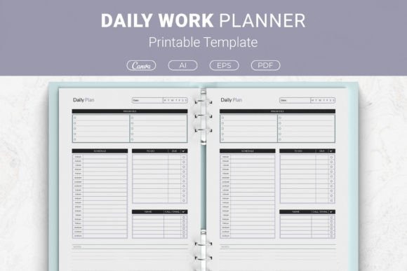 Daily planner template showing structured layout with priorities, to-do items, calls, email reminders, schedule, and notes