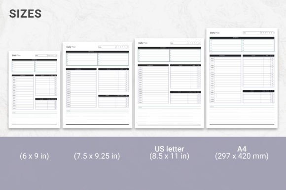 Daily planner template showing printable sizes 6x9, 7.5x9.25, US letter, and A4 with sections for tasks and schedules