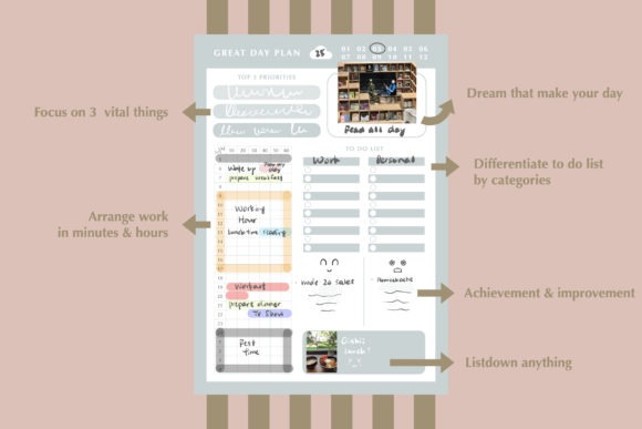 day planner templates with sections for top priorities, vision board, categorized to-dos, daily schedule, and reflection area