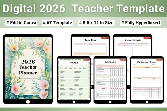 Digital 2026 teacher planner templates displayed on tablets showing cover, index, term plan, student analysis, daily