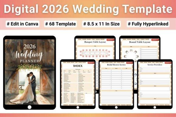 Digital 2026 wedding planner templates displayed on tablets showing calendar, banquet and round table layouts, bridal shower