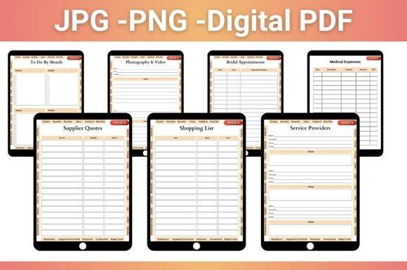 Digital wedding planner templates showing budget, guest list, vendor, timeline, and checklist pages on tablet screens