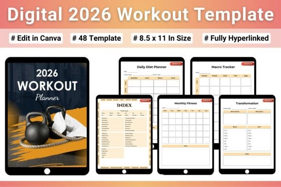 Digital 2026 workout planner template displayed on tablets showing daily diet planner, macro tracker, monthly fitness, and