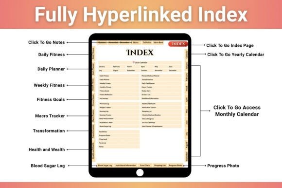 Digital 2026 workout planner template with fully hyperlinked index for fitness goals, daily and weekly schedules, and