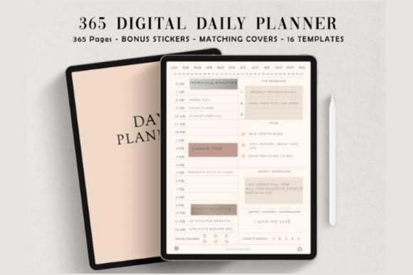 Editable planner templates showing a 365 digital daily planner with matching covers and digital stickers on a tablet