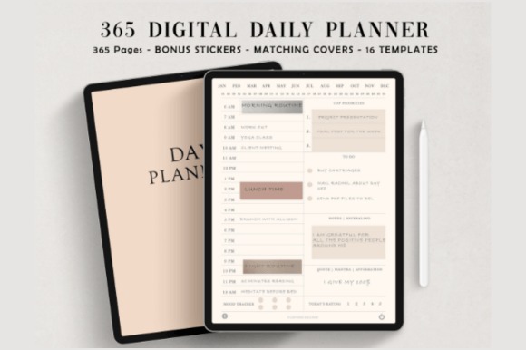 iPad planner template showing a digital daily planner with 365 undated pages and matching covers