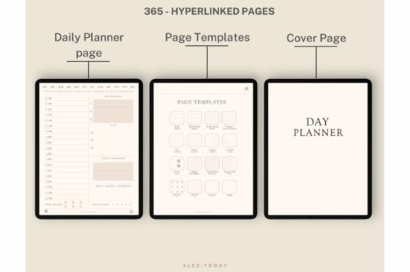 Digital minimalist daily planner template with 365 hyperlinked pages, multiple page — cute planner template designs