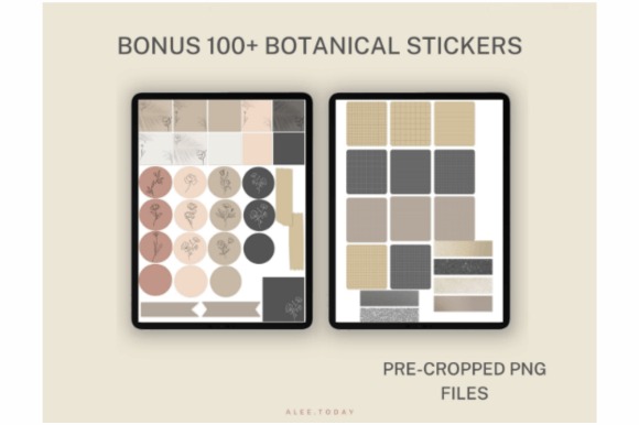 iPad planner template showing over 100 botanical stickers in neutral tones on two tablet screens