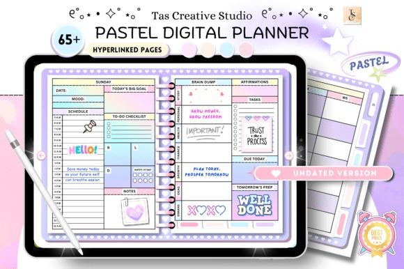 daily planner template with pastel colors, hyperlinked pages, daily schedule, to-do checklist, and lifestyle trackers on a