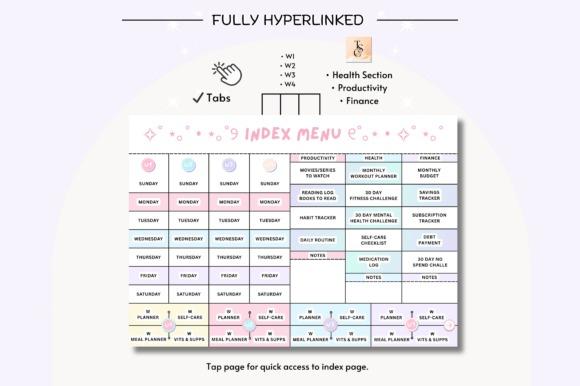 Daily planner template with fully hyperlinked tabs for health, productivity, finance, and weekly planning sections