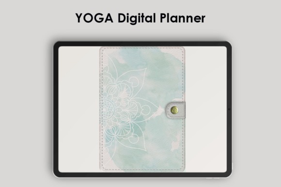 iPad planner template with a yoga-themed digital planner cover in soft green and white tones