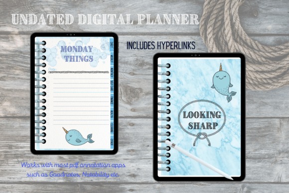 iPad planner template showing undated digital planner pages with hyperlinks and cute narwhal illustrations on tablet screens