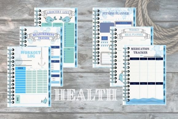iPad planner template showing health-related pages including workout log, grocery list, fitness planner, meal planner, and