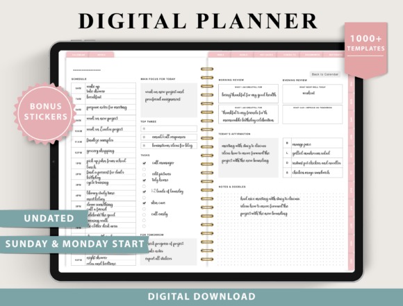 iPad planner template showing undated weekly and daily layouts with trackers for fitness, finances, nutrition, and wellness