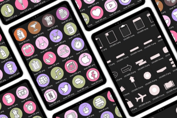 iPad planner template showing various colorful app icons and digital stickers for customizable planning