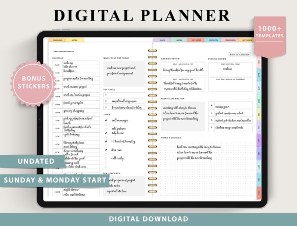 iPad planner template showing undated weekly and daily layouts with Monday and Sunday start options and bonus stickers