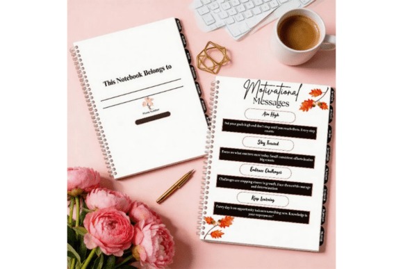 Goodnotes study planner template showing motivational messages and a personalized notebook on a desk with coffee and flowers