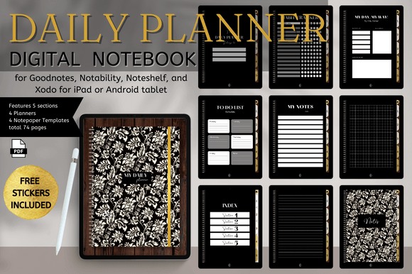 iPad planner template showing daily planner digital notebook with multiple page layouts and floral cover design