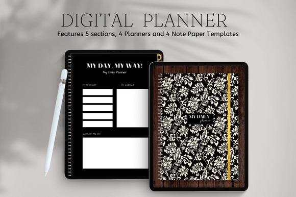 iPad planner template showing digital planner interface and floral cover on tablet with stylus