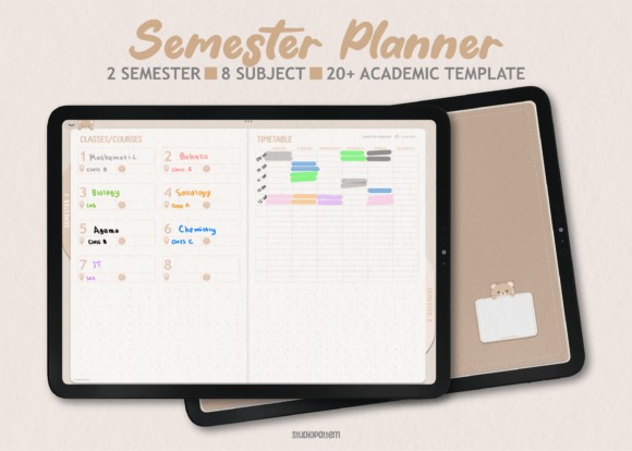 Goodnotes study planner template showing semester planner with 2 semesters, 8 subjects, and timetable on tablet screen