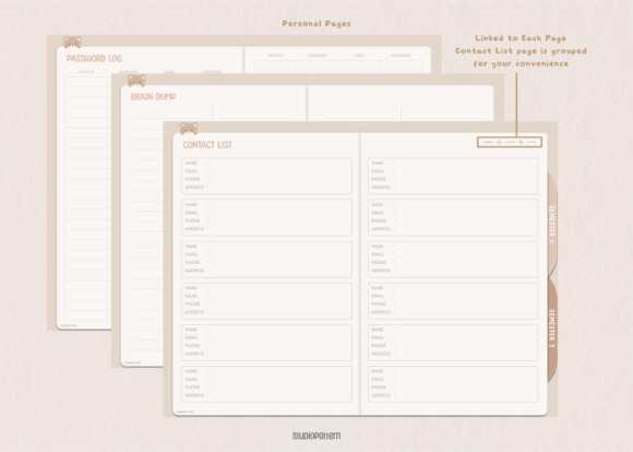 Goodnotes study planner template showing contact list, brain dump, and password log pages with organized layout