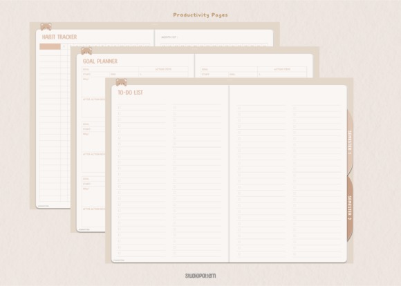Goodnotes study planner template showing habit tracker, goal planner, and to-do list productivity pages