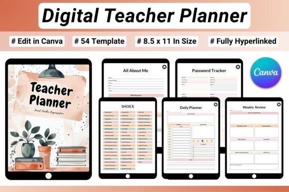 Digital teacher planner templates displayed on tablets showing lesson plans, password tracker, daily planner, and weekly