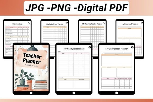 Teacher planner templates displayed on tablets showing daily routine, chore tracker, reading routine, homework tracker