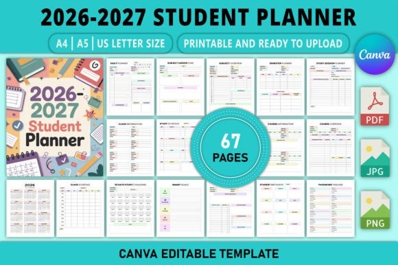 2026-2027 student weekly planner template with 67 pages including daily, weekly, monthly, and yearly planning in A4, A5, and