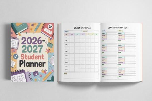 2026-2027 student planner with editable weekly planner template showing class schedule and class information pages